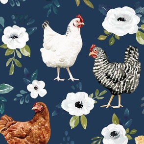 Chicken Floral on Navy Blue Avaleigh Collection 24 inch