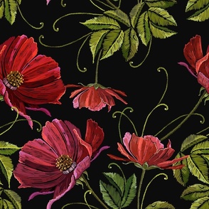 Embroidery Emulation Red Poppies with Foliage