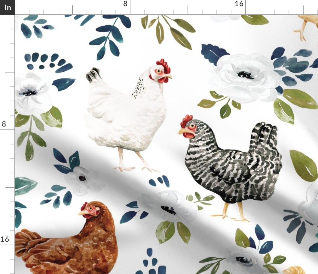 Chicken Floral on White Avaleigh Collection 24 inch