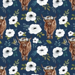 Highland Cow  Floral on Navy Blue - Avaleigh Collection 12 inch