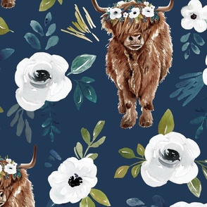 Highland Cow  Floral on Navy Blue - Avaleigh Collection 24 inch