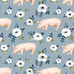 Pig  Floral on Blue - Avaleigh Collection 12 inch