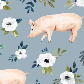 Pig  Floral on Blue - Avaleigh Collection 24 inch