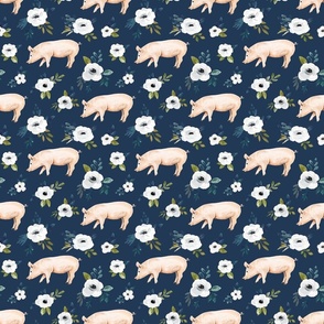 Pig  Floral on Navy Blue - Avaleigh Collection 6 inch