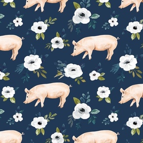 Pig  Floral on Navy Blue - Avaleigh Collection 12 inch
