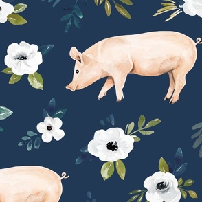 Pig  Floral on Navy Blue - Avaleigh Collection 24 inch