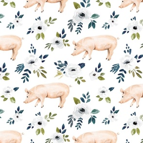 Pig  Floral on White - Avaleigh Collection 12 inch
