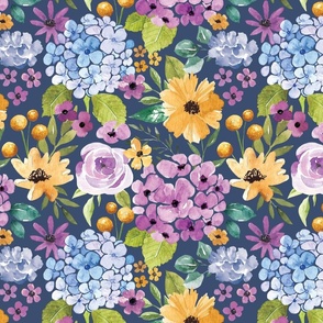 Watercolor Summer Garden Floral on Dark Blue 12 inch