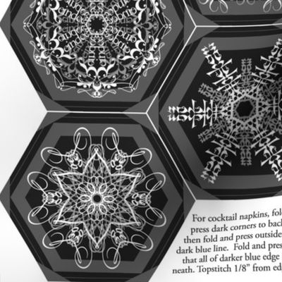 Calligraphic Snowflake napkins (or coasters, or ornaments...) on charcoal