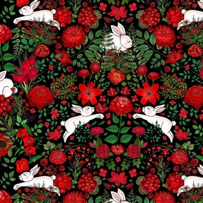 Restful and Raucous Rabbits in a Red Garden (black background)