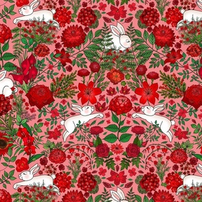 Restful and Raucous Rabbits in a Red Garden (rosy background)