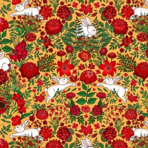 Restful and Raucous Rabbits in a Red Garden (gold background)
