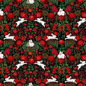 Restful and Raucous Rabbits in a Red Garden (small scale black background) 
