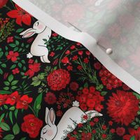  Restful and Raucous Rabbits in a Red Garden (tiny scale black background) 