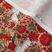 Restful and Raucous Rabbits in a Red Garden (tiny scale peachy background)