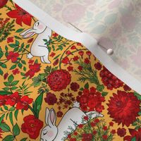 Restful and Raucous Rabbits in a Red Garden (tiny scale gold background)
