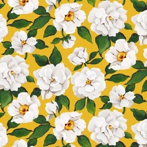 Large white florals on yellow 