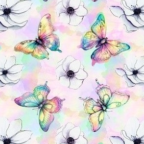 Pastel Rainbow Watercolor Butterflies with Flowers