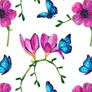 Magenta Flowers and Blue Butterflies