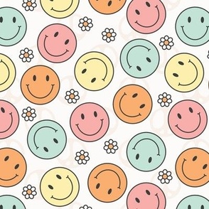 (S Scale) Retro Groovy Multicolored Smiley Faces and Daisies
