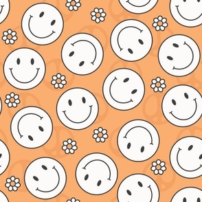 (M Scale) Retro Groovy White Smiley Faces and Daisies on Orange