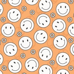 (S Scale) Retro Groovy White Smiley Faces and Daisies on Orange