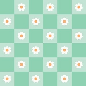 (S Scale) Retro Groovy Green Gingham Plaid with Daisies