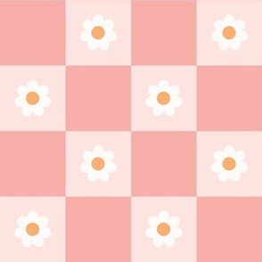 (M Scale) Retro Groovy Pink Gingham Plaid with Daisies