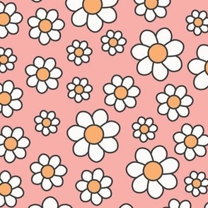 (M Scale) Groovy Retro Daisies with Outlines on Pink
