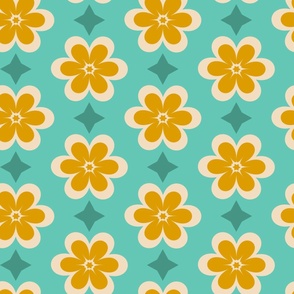 Large // Retro Geometric Daisies: Simple Flower Blossom & Star - Turquoise & Yellow