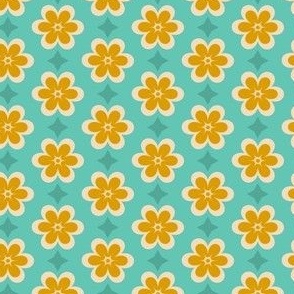 Mini // Retro Geometric Daisies: Simple Flower Blossom & Star - Turquoise & Yellow