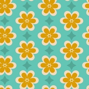 Small // Retro Geometric Daisies: Simple Flower Blossom & Star - Turquoise & Yellow