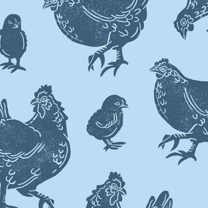 Block Print Country Blue Chickens by Angel Gerardo - Large Scale