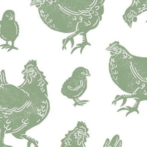 Block Print Sage Green Chickens by Angel Gerardo - Large Scale