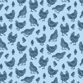 Block Print Country Blue Chickens by Angel Gerardo - Small Scale