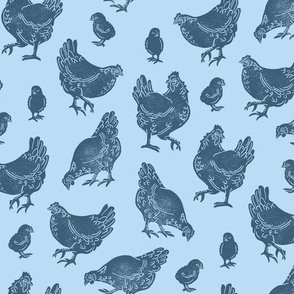 Block Print Country Blue Chickens by Angel Gerardo