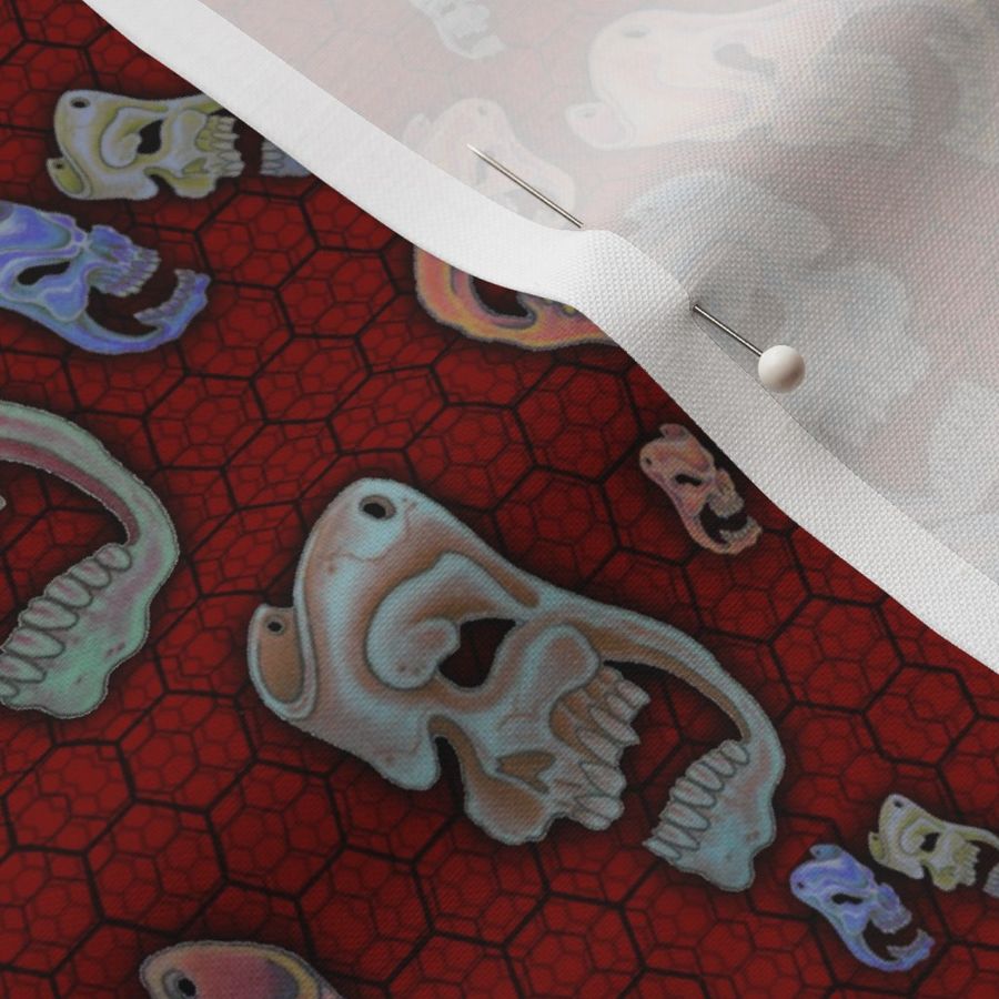 Colored Skulls Comedy and Tragedy on Dark Red Honeycomb