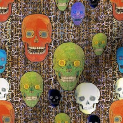 Colored Skulls on a Honey Gold & Violet Fractal Mix Background