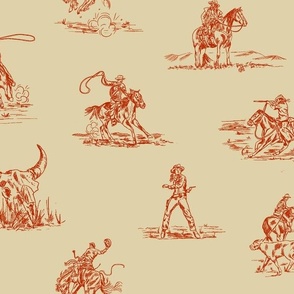 Stick Em' Up - Rust & Cream - Cowgirl Toile, Western Toile, Cowboy Toile, Vintage Toile