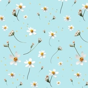 realistic white daisies scattered on blue