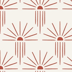 large Raio de Sol sun ray tile wallpaper in Peppery Red on Bone