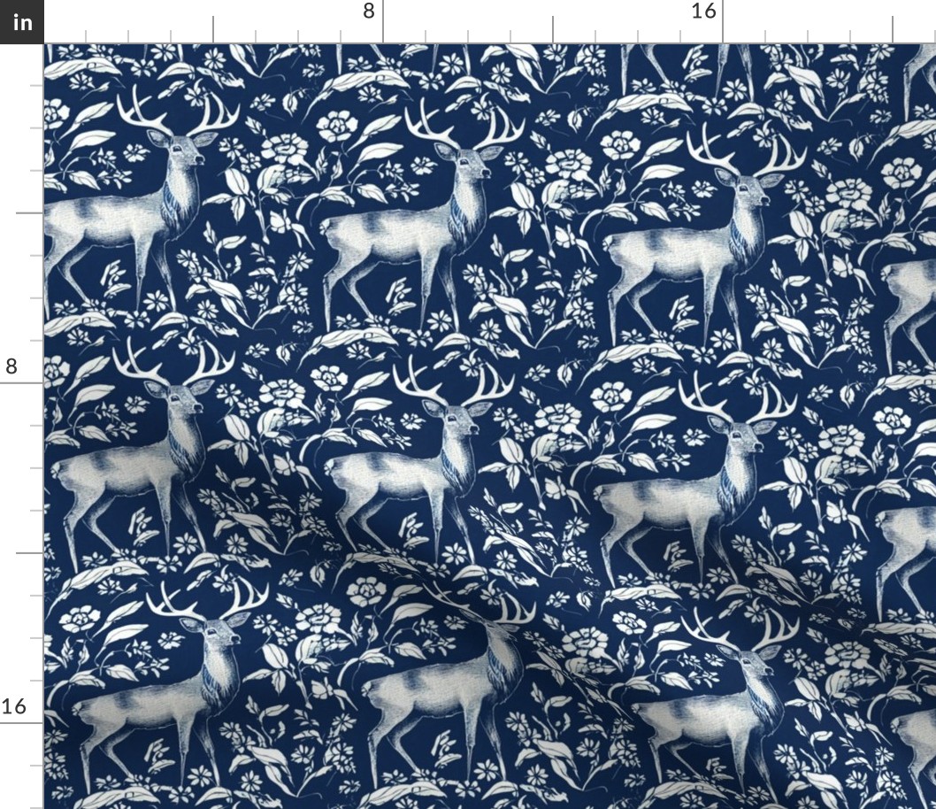 Stag in white on Navy with flowers by kedoki