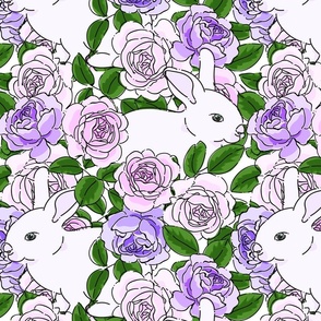 Pastel Pink and Purple Watercolor Roses with Hand Drawn White Bunnies