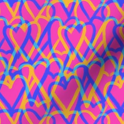 80s Vibe Brushed Hearts Blue Yellow on Hot Pink  Small