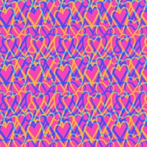 80s Vibe Brushed Hearts Blue Yellow on Hot Pink  Small