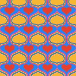 That 70s Wallpaper Vibe Hearts and Rainbows on Yellow
