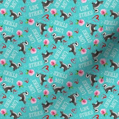 Small Scale Love Stinks Funny Valentine Skunks Red Hearts and Pink Flowers on Turquoise Blue