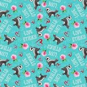 Small Scale Love Stinks Funny Valentine Skunks Red Hearts and Pink Flowers on Turquoise Blue