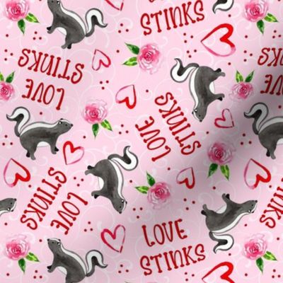 Medium Scale Love Stinks Funny Valentine Skunks Red Hearts and Pink Flowers on Pink