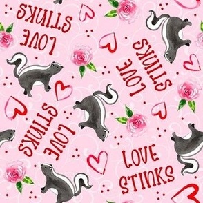 Medium Scale Love Stinks Funny Valentine Skunks Red Hearts and Pink Flowers on Pink